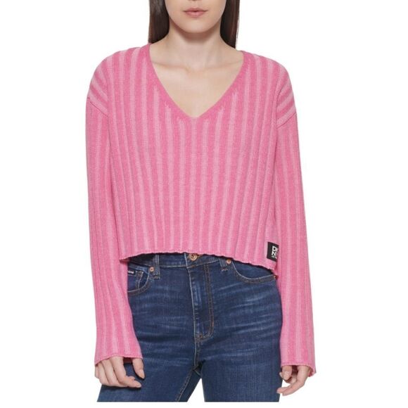 DKNY JEANS V-Neck Flare-Sleeve Cropped Sweater in the Size Large - Picture 1 of 10